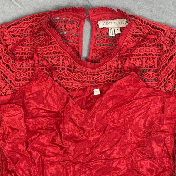 Carolina K Berenice Coral Red Cotton Crochet Peplum Top - Picture 4 of 9